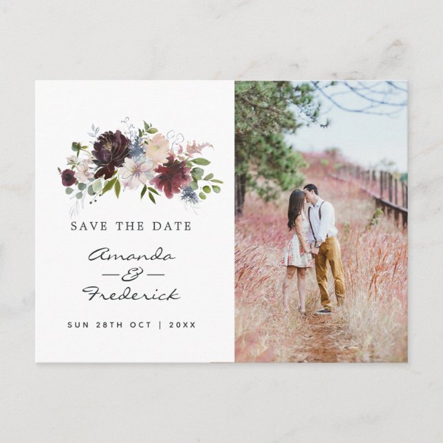 Burgundy Navy and Blush Pink Wedding Save the Date Postcard (Front)
