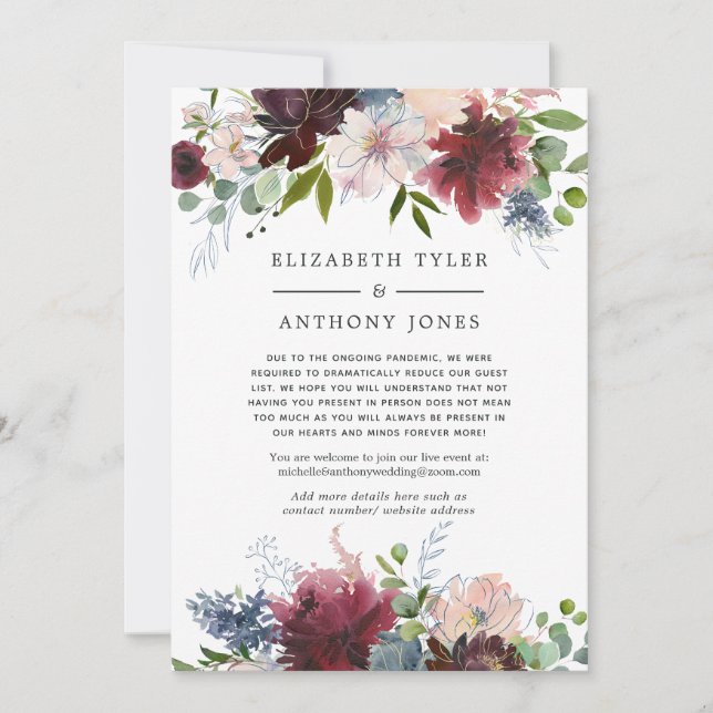 Burgundy, Navy and Blush Reduced Wedding Guests Announcement (Front)