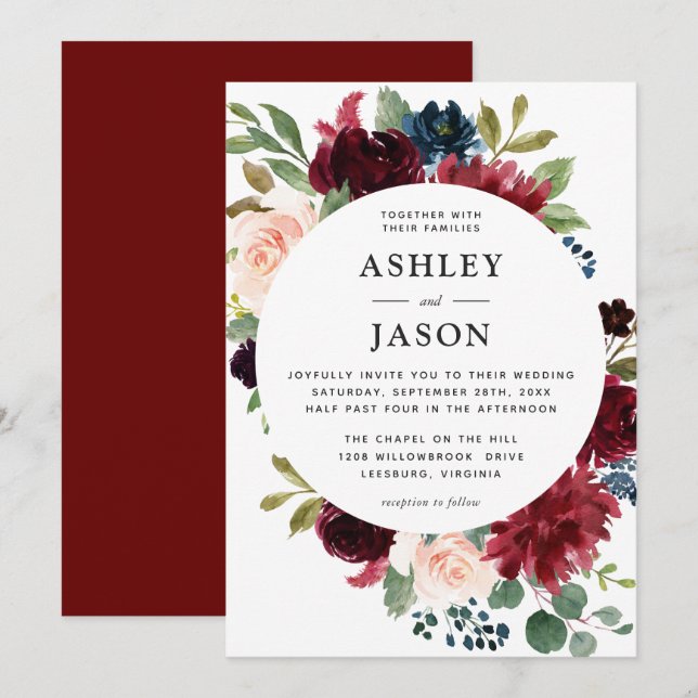 Burgundy Navy and Blush Watercolor Floral Wedding Invitation (Front/Back)