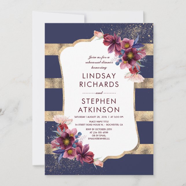 Burgundy Navy and Gold Floral Rehearsal Dinner Invitation (Front)