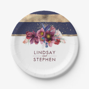Burgundy Navy and Gold Floral Stripes Wedding Paper Plate