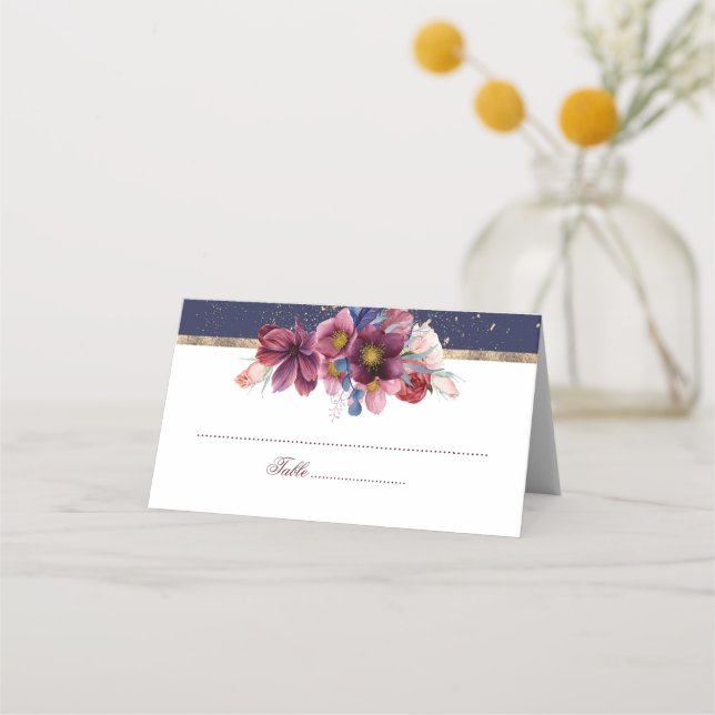 Burgundy Navy and Gold Floral Wedding Place Card (Front)