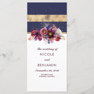 Burgundy Navy and Gold Floral Wedding Programs Programme