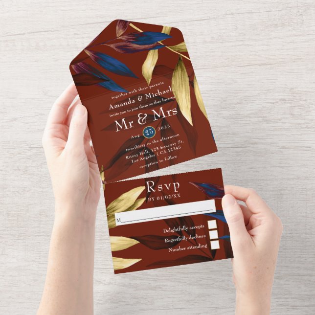 Burgundy, Navy and Gold Tropical Wedding All In One Invitation (Tearaway)