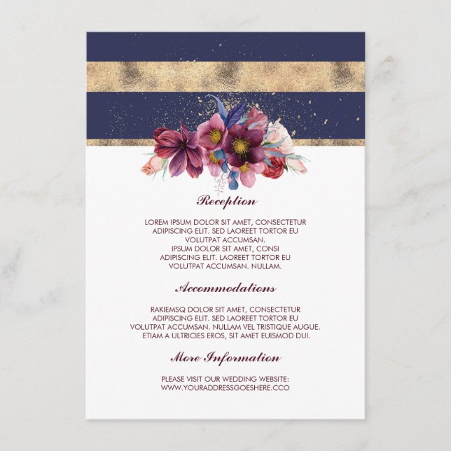 Burgundy Navy and Gold Wedding Information Guest Enclosure Card (Front)