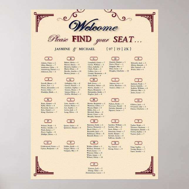 Burgundy Navy and Ivory Chic Wedding Seating Chart (Front)