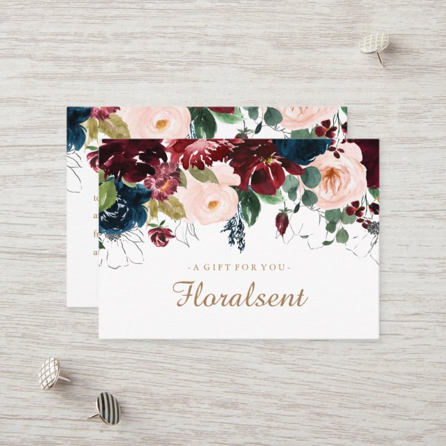 Burgundy, Navy and Pink Floral Gift Certificate (Front/Back In Situ)