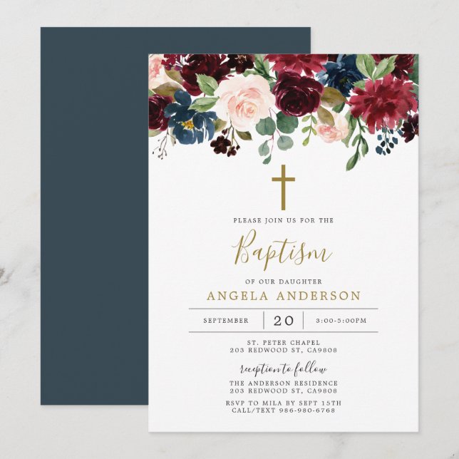 Burgundy Navy Baptism/Christening Invitation (Front/Back)