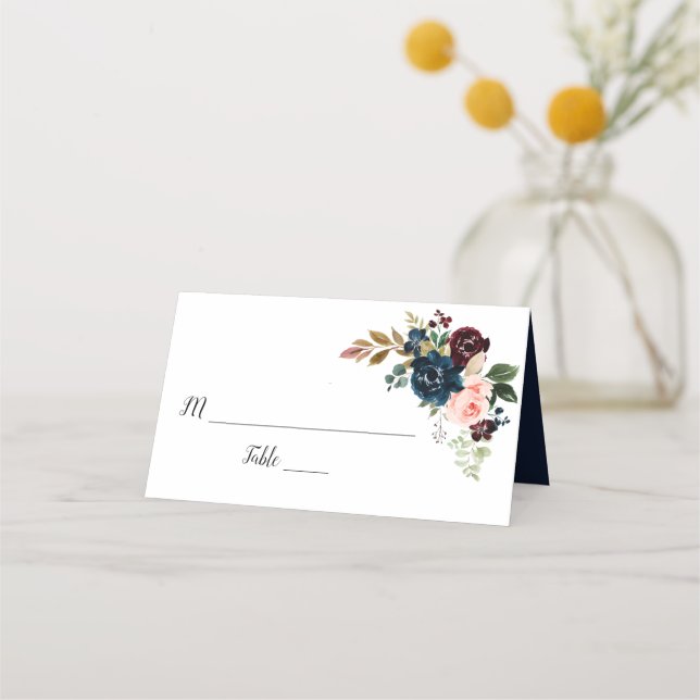 burgundy, navy blue and blush pink floral wedding place card (Front)