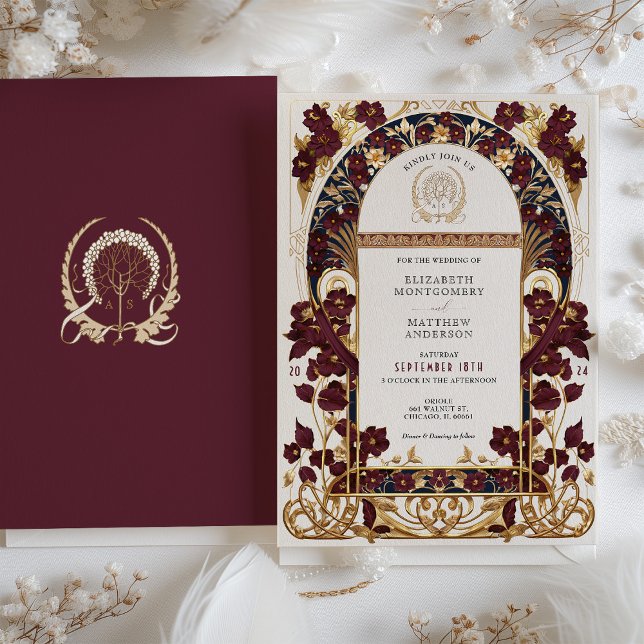 Burgundy Navy Blue & Antique Gold Floral Wedding Invitation (Creator Uploaded)