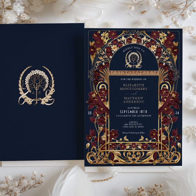 Burgundy Navy Blue & Antique Gold Floral Wedding Invitation (Creator Uploaded)