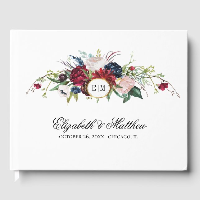 Burgundy | Navy Blue Bloom Watercolor Wedding Guest Book (Front)