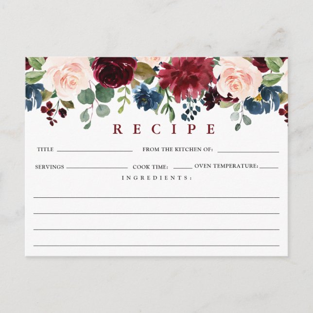 Burgundy Navy Blue Blush Bridal Shower Recipe Card (Front)