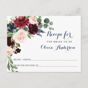 Burgundy Navy Blue Blush Bridal Shower Recipe Card