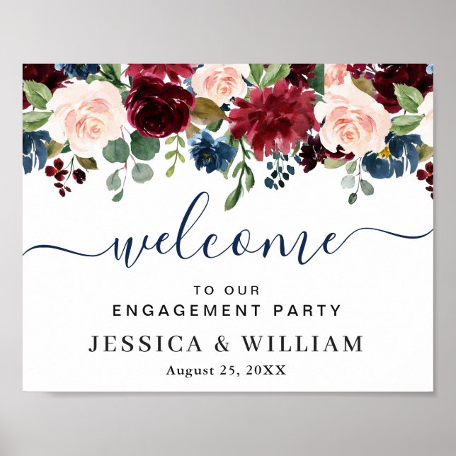 Burgundy Navy Blue Blush ENGAGEMENT PARTY Welcome Poster (Front)