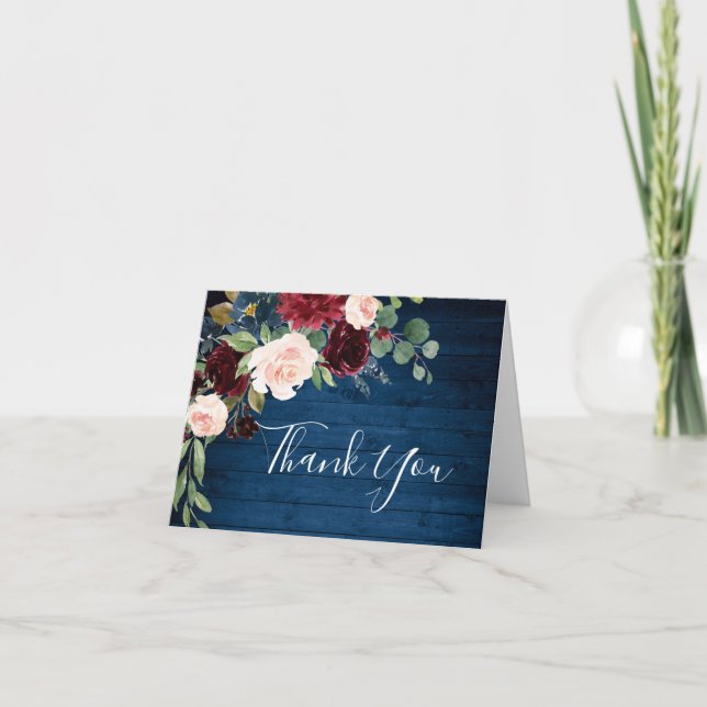 Burgundy Navy Blue Blush Floral Boho Thank You Card (Front)