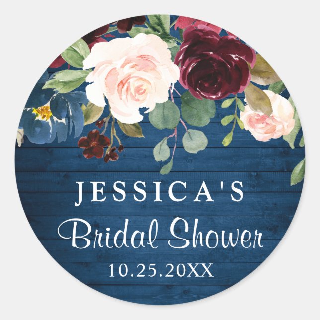 Burgundy Navy Blue Blush Floral Bridal Shower Classic Round Sticker (Front)