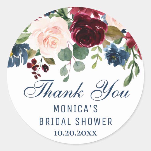 Burgundy Navy Blue Blush Floral Bridal Shower Classic Round Sticker (Front)