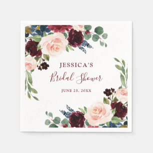 Burgundy Navy Blue Blush Floral Bridal Shower Napkin