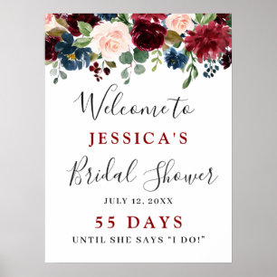 Burgundy Navy Blue Blush Floral Bridal Shower Post Poster