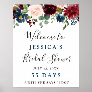 Burgundy Navy Blue Blush Floral Bridal Shower Poster