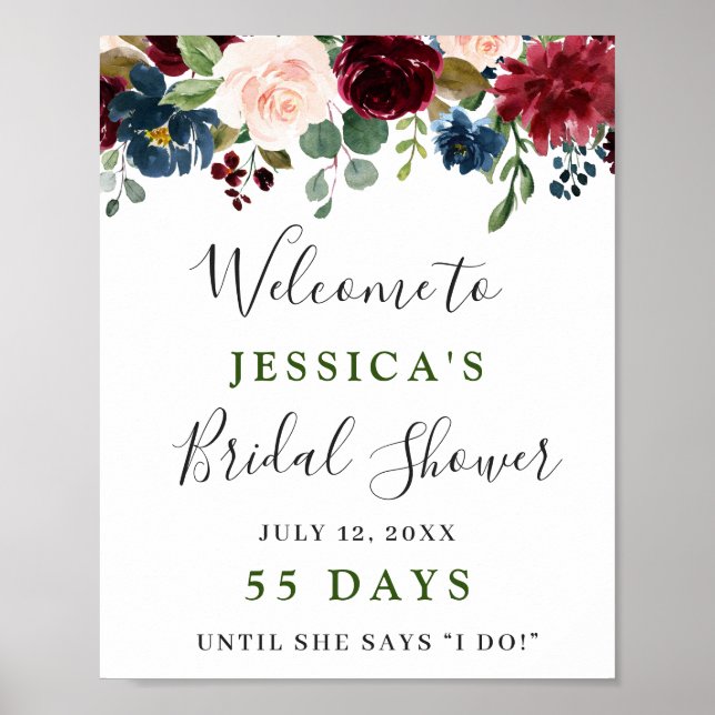 Burgundy Navy Blue Blush Floral Bridal Shower Poster (Front)