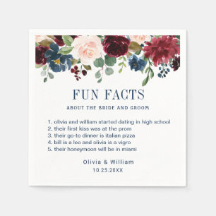 Burgundy Navy Blue Blush Floral Fun Facts Wedding Napkin