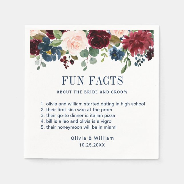 Burgundy Navy Blue Blush Floral Fun Facts Wedding Napkin (Front)