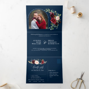 Burgundy Navy Blue Blush Floral Photo Wedding Tri-Fold Announcement