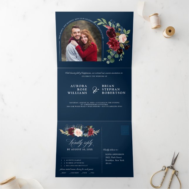 Burgundy Navy Blue Blush Floral Photo Wedding Tri-Fold Announcement (Inside)