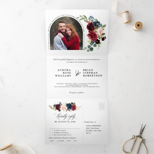 Burgundy Navy Blue Blush Floral Photo Wedding Tri-Fold Announcement (Inside)