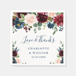 Burgundy Navy Blue Blush Floral Rustic Party Napkin
