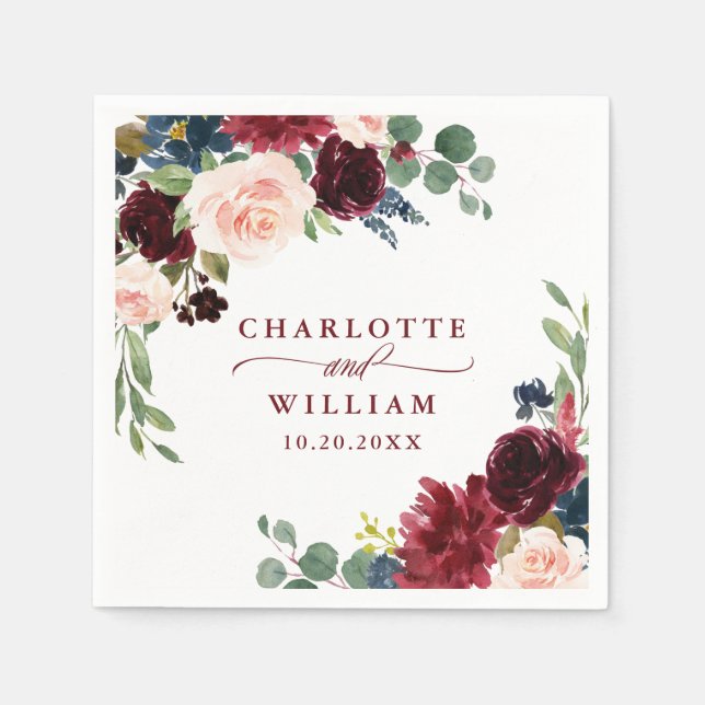 Burgundy Navy Blue Blush Floral Rustic Wedding Napkin (Front)