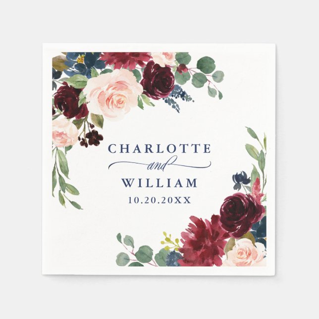 Burgundy Navy Blue Blush Floral Rustic Wedding Napkin (Front)