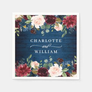Burgundy Navy Blue Blush Floral Rustic Wedding Napkin