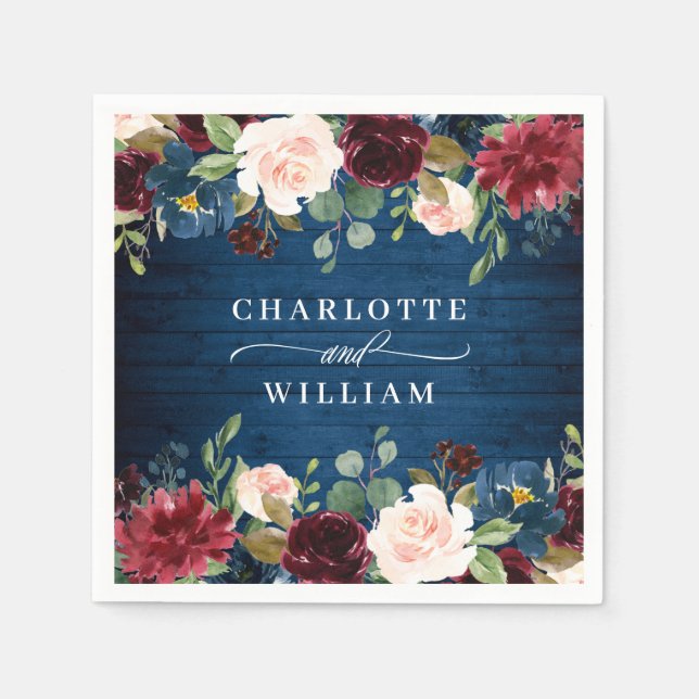 Burgundy Navy Blue Blush Floral Rustic Wedding Napkin (Front)