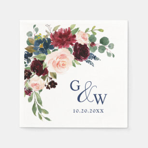 Burgundy Navy Blue Blush Floral Rustic Wedding Napkin