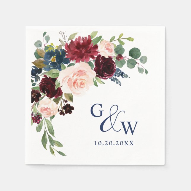 Burgundy Navy Blue Blush Floral Rustic Wedding Napkin (Front)