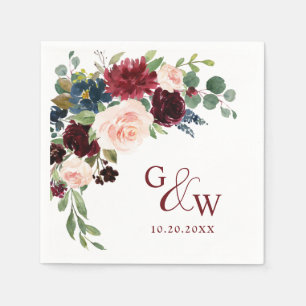 Burgundy Navy Blue Blush Floral Rustic Wedding Napkin