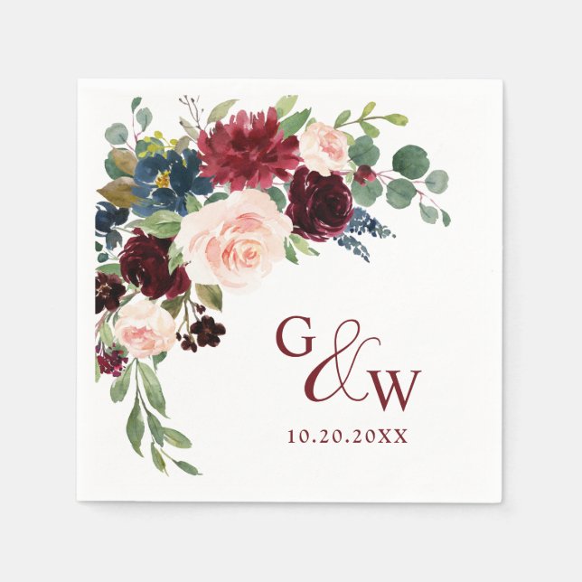 Burgundy Navy Blue Blush Floral Rustic Wedding Napkin (Front)