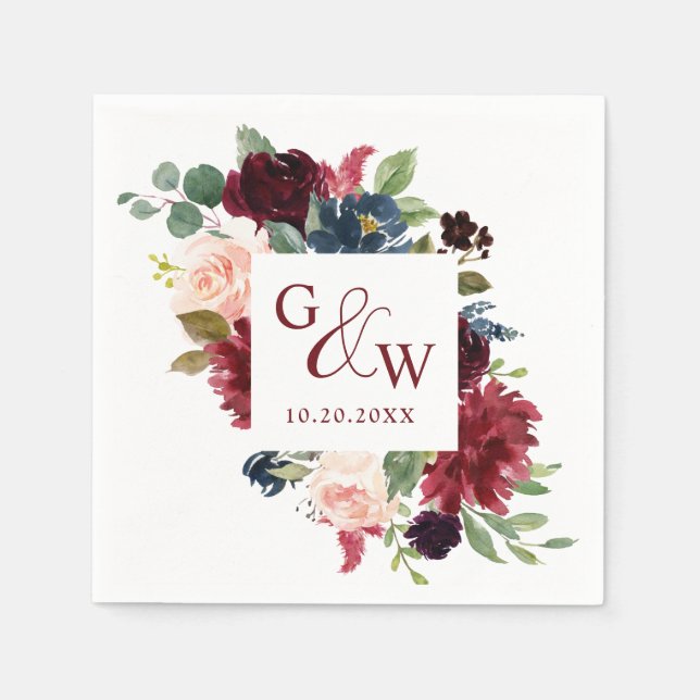 Burgundy Navy Blue Blush Floral Rustic Wedding Napkin (Front)
