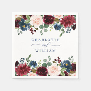 Burgundy Navy Blue Blush Floral Rustic Wedding Napkin