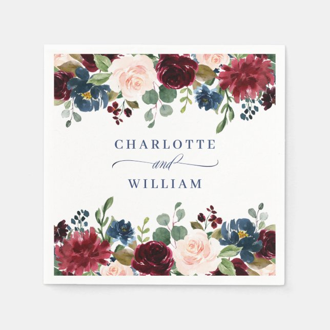 Burgundy Navy Blue Blush Floral Rustic Wedding Napkin (Front)