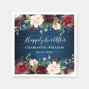 Burgundy Navy Blue Blush Floral Rustic Wedding Napkin