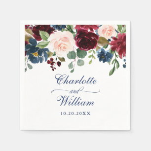 Burgundy Navy Blue Blush Floral Rustic Wedding Napkin