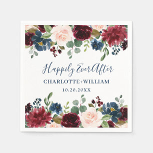 Burgundy Navy Blue Blush Floral Rustic Wedding Napkin