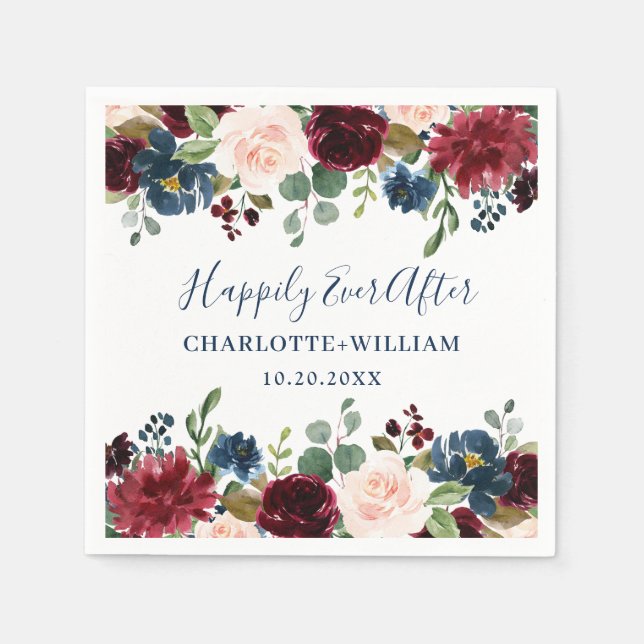 Burgundy Navy Blue Blush Floral Rustic Wedding Napkin (Front)