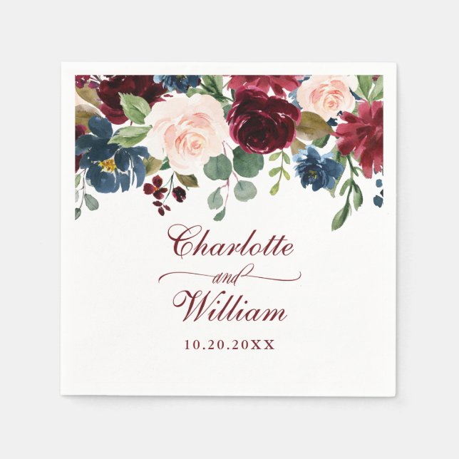 Burgundy Navy Blue Blush Floral Rustic Wedding Napkin (Front)