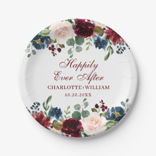 Burgundy Navy Blue Blush Floral Rustic Wedding Paper Plate