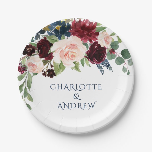 Burgundy Navy Blue Blush Floral Rustic Wedding Paper Plate (Front)